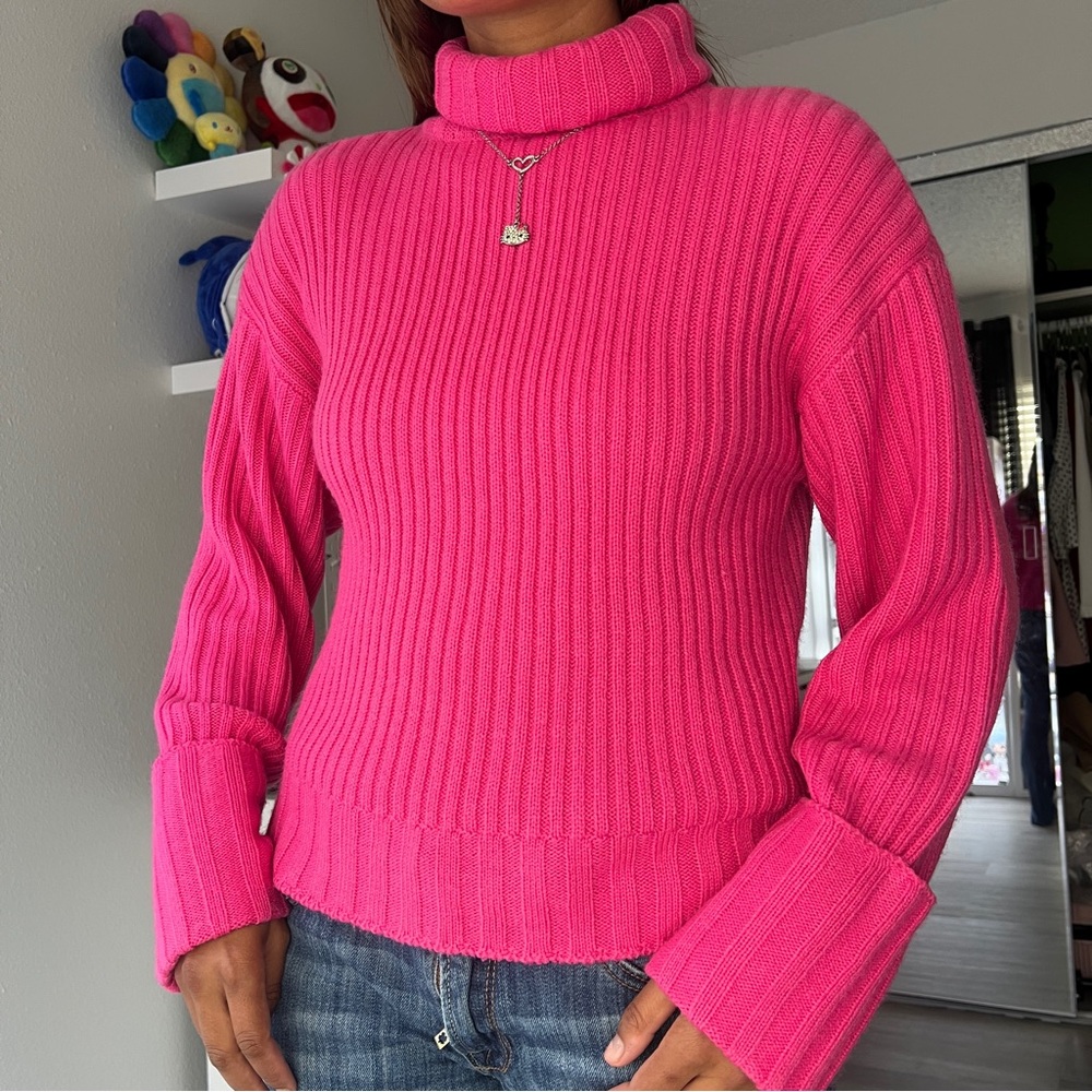 Nine West Wool-Blend Cuff sleeve Turtleneck Sweater Bright Pink Chunky